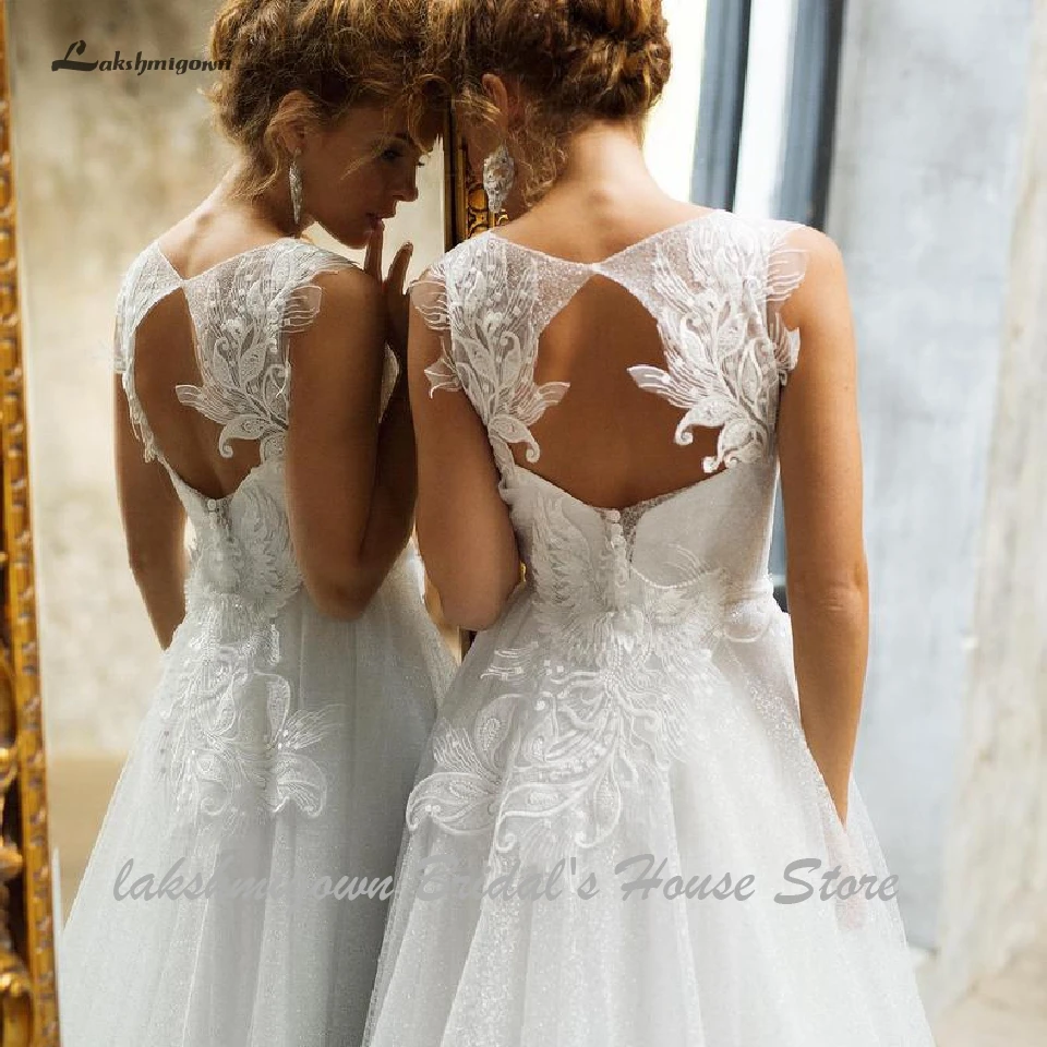Lakshmigown Bling Bling A Line Wedding Dress New Arrival Beach Bridal Dresses Lace Appliques Wedding Gowns Cut Out Back