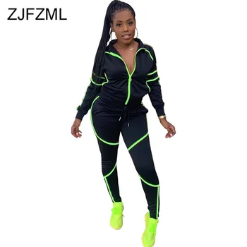 

Neon Striped Sexy 2 Piece Outfits for Women Turn Down Collar Pockets Zipper Jacket and Pencil Pants Plus Size Autumn Winter Set