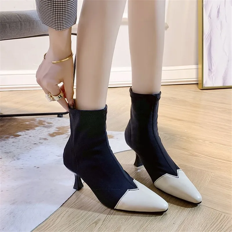 

42 Woman Boots Ankle Short Boots Flock Pointed Toe Thin Heels Winter Booties Woman 2019 Fashion Zipper Women Martin Boots Black