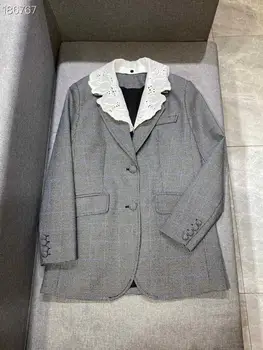 

HIGH STREET Newest Runway 2020 Designer Blazer Women Lace Collar Plaid Single Breasted Long Sleeves Blazer Coat