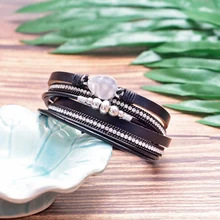 Модный кожаный браслет в богемном стиле, Браслет-манжета, браслет в стиле барокко с жемчугом и кристаллами, браслет из бисера, Стразы ручной работы на магнитной застежке