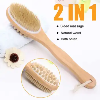 

2 in 1 Bath Body Brush Boar Bristles Exfoliating Body Massager with Long Wooden Handle for Dry Brushing and Shower SPA