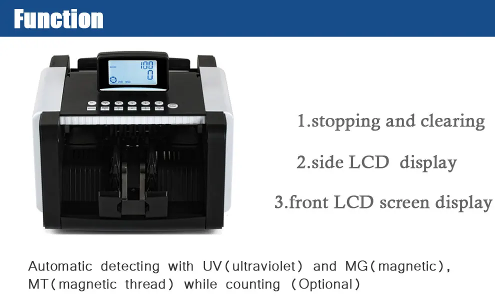 Денежная машина для счета валюты автоматический запуск, остановка и очистка двойных заметок обнаружение с внешним дисплеем