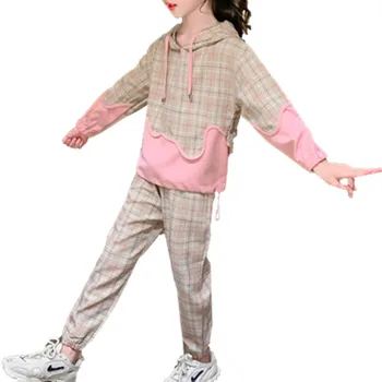 

2020 Fashion Spring Autumn Girls Clothes Set Long Sleeve Hoodie and Sweatpants 2Pcs Girl Plaid Costume Sport Suit 6 8 10 12 13Y