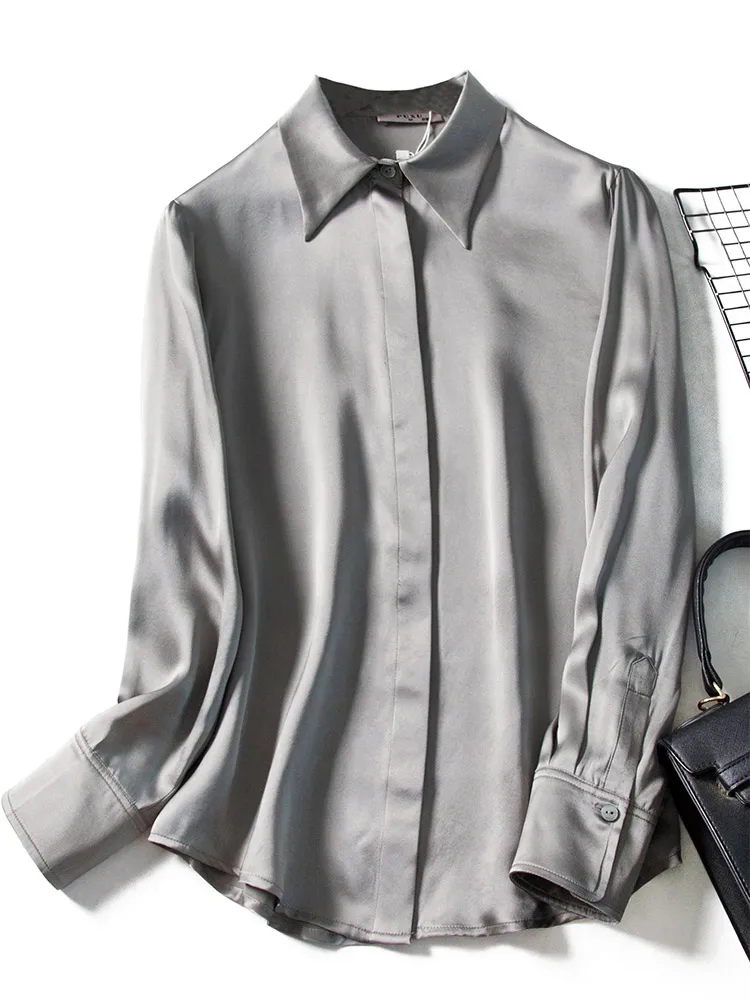 Серый натуральный шелк Blusas Femininas Elegante женская блузка кардиган женские рубашки с длинным рукавом воротник Питер Пэн Офисная Леди