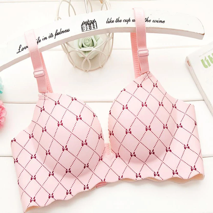 Baharcelin Sexy Woman Young Girl Cute bra Printed Dot Push Up Bra French Romantic Gathered wireless plaid push up bra underwear - Цвет: pink bow