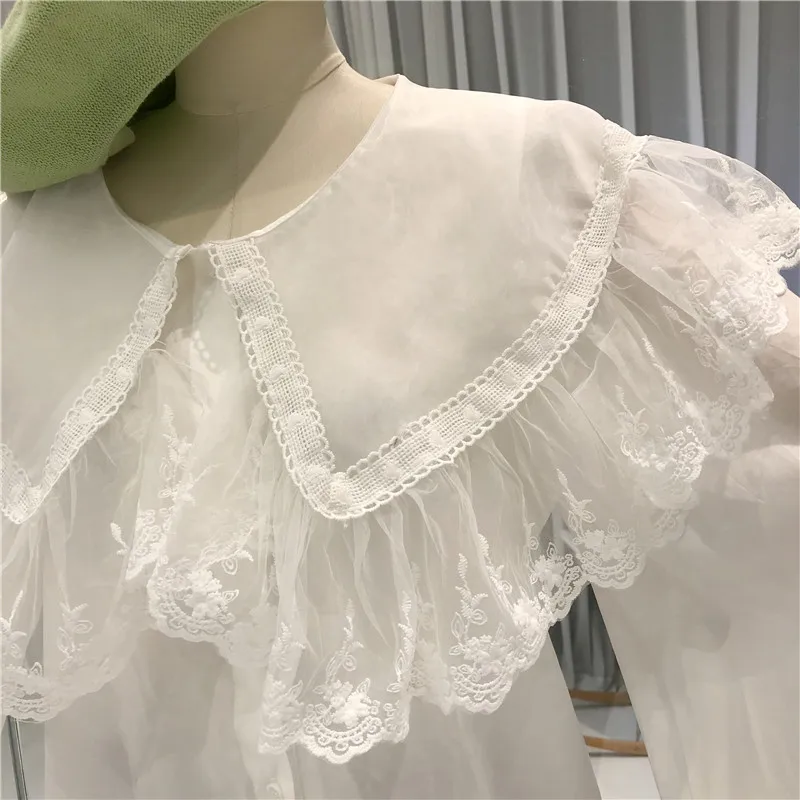 Стиль Лолита Питер Пэн воротник женские рубашки с длинными рукавами Blusas Femininas фонарь рукав Твердые Женские топы и блузки