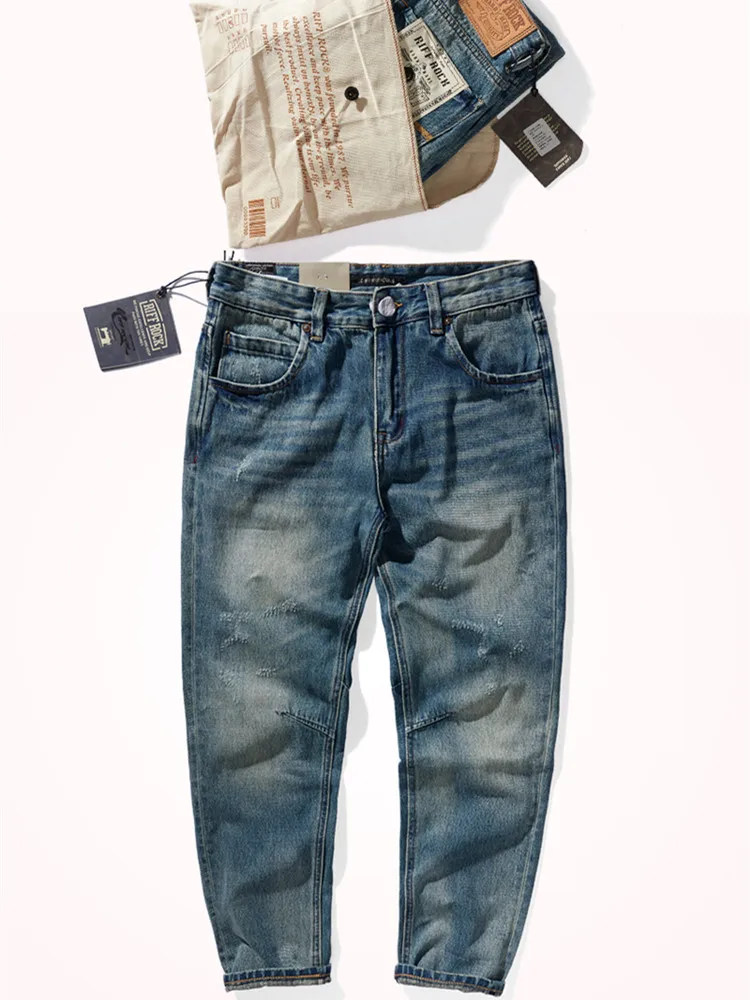 2021 Autumn and Winter American Retro Heavyweight Jeans Men's Fashion 100% Cotton 3D Stitching Washed Old Casual Straight Jeans 6