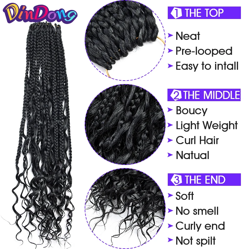 DinDong Box Braids with Curly Hair Synthetic Crochet Braiding Hair Extension 18 inch Messy Knotless Bohemian Goddess Box Braid B