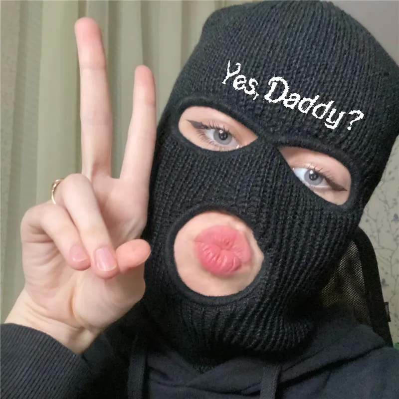 Yes Daddy Balaclava Ski Face Mask 3-Hole Knitted Full Face Cover Ski Mask Woman Winter Knitted Hat