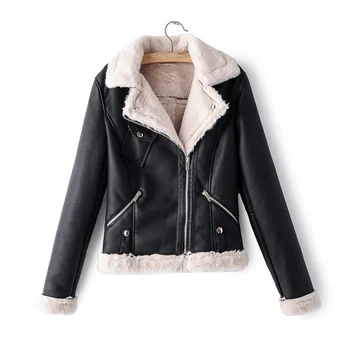 

Thick warm fur one ladies winter coat 2019 ladies black zipper lapel trend jacket Europe and America motorcycle jacket street cl