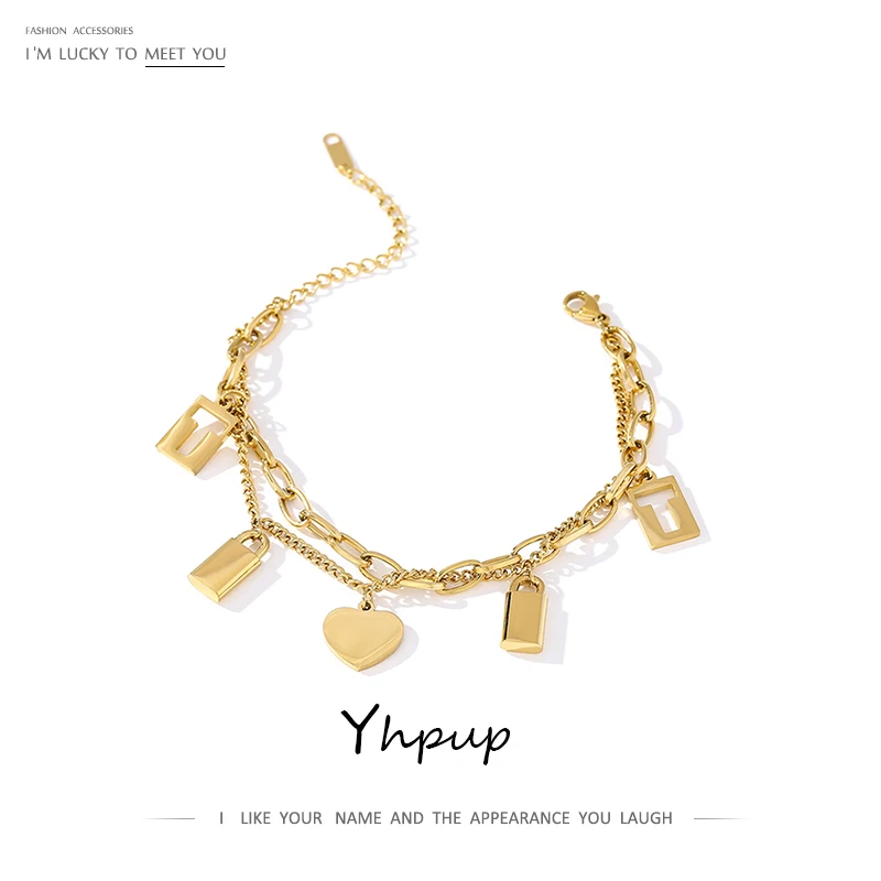 Yhpup Pendant Chain Bracelet for Women 2021 Stainless Steel Metal Romantic Love Lock