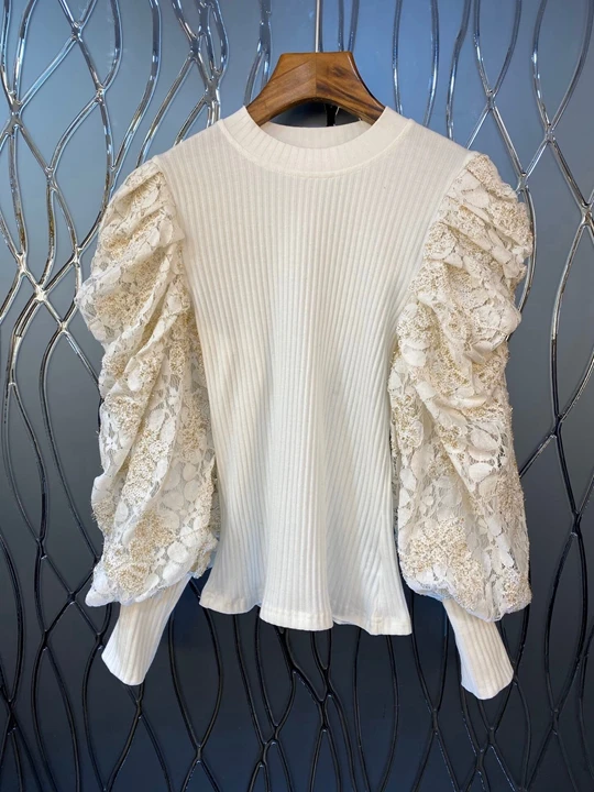 The new autumn and winter women's one hundred stitching lace puff sleeve knit tops 1207
