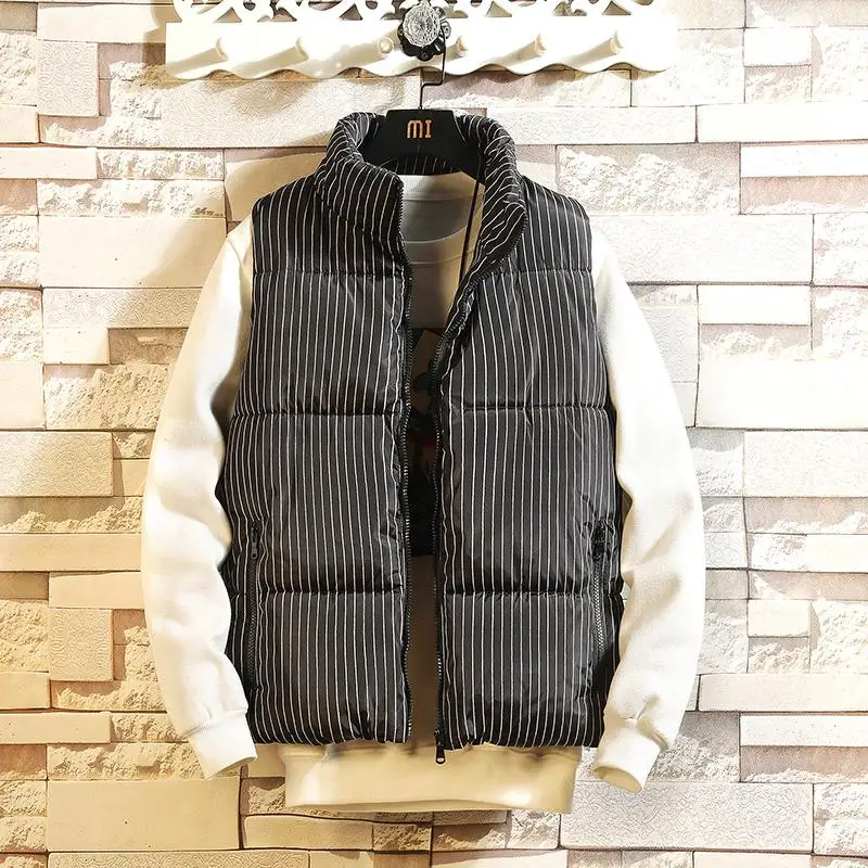 Striped полосатая мужская куртка без рукавов Homme Зимняя Повседневная Мужская Утепленная жилетка с хлопковой подкладкой мужской жилет из искусственного меха XXXL - Цвет: Black Waistcoat Men