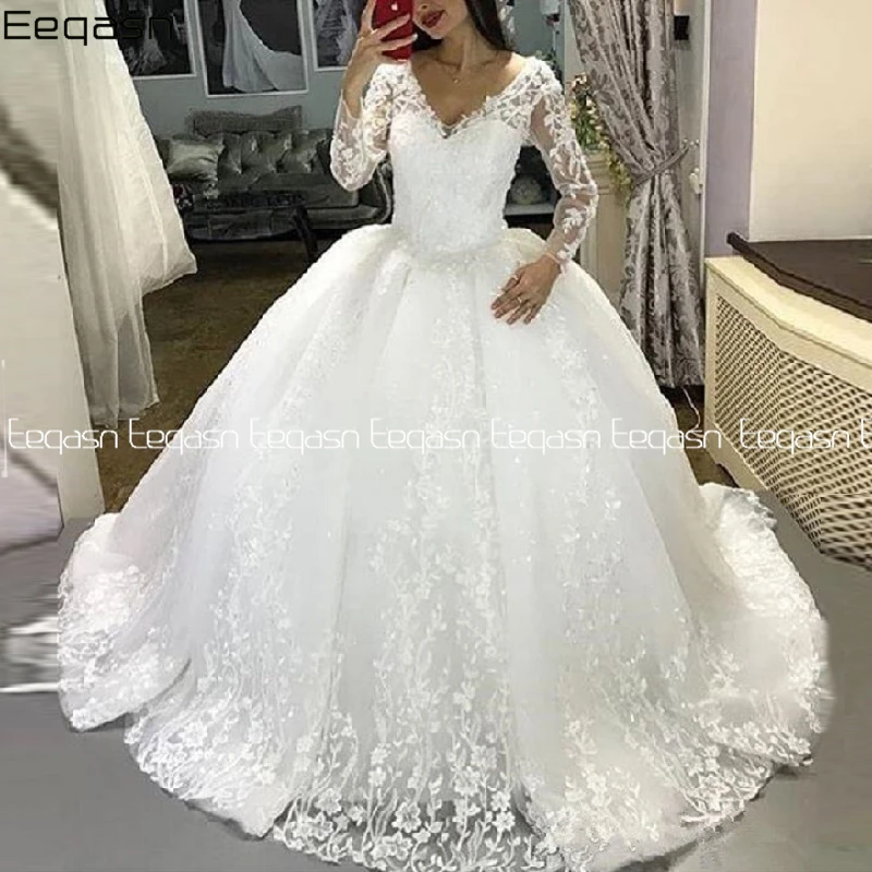 

Eeqasn 2020 Princess Ball Gown Wedding Dress Luxury Long Sleeve Lace Dubai White Bridal Gown Vestido De Noiva
