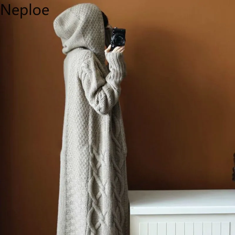 Neploe/осенне-зимний женский с капюшоном толстый вязаный кардиган с длинными секциями, модный однотонный кардиган Abrigos Mujer Inverno 45814