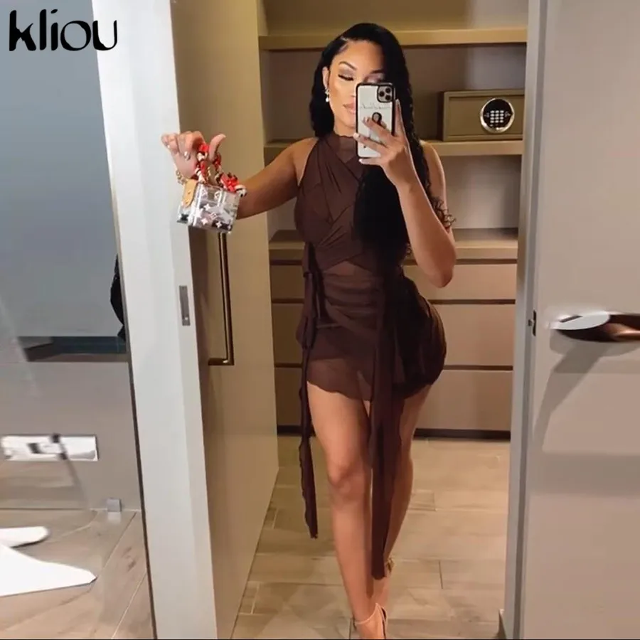 Kliou Ribbons Mesh See Through Bodycon Party Dresses Women Sexy Clubwear Mini Dress Solid Sleeveless Basic Female платье Outfits