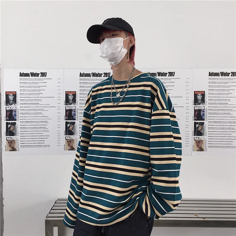 Lychee Harajuku Популярнейшая цветная полоска женская футболка Топ Футболка с длинным рукавом Женские футболки с круглым вырезом Хлопковые женские футболки