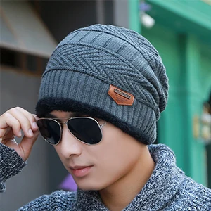 Серый Skullies Beanie Осень Зима Мужская безупречная шерстяная шапка плюс бархат дикая купольная вязаная шапка уличная Лыжная теплая шапка головной убор - Цвет: Серый
