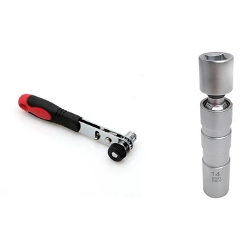 

1 Pcs Mini Rapid Ratchet Wrench 1/4 Inch & 1 Pcs 14Mm 3/8 Drive Spark-Plug Wobble Socket for Bmw