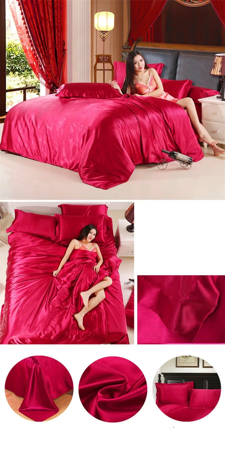 4pcs Soft Smooth Satin Bedding Set Luxury Queen King Size Bedding Set Solid Color Bed Sheet Quilt Duvet Cover Pillowcase