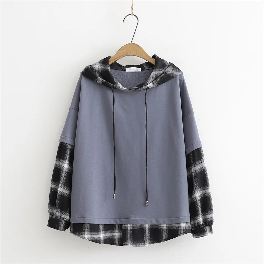 Dark Blue Осенняя новинка, Женская толстовка Kawaii, толстовка с капюшоном, клетчатая, имитация двух частей, Студенческая, подростковая, свободная, с длинным рукавом, на шнурке, с капюшоном, топы - Цвет: Dark Blue