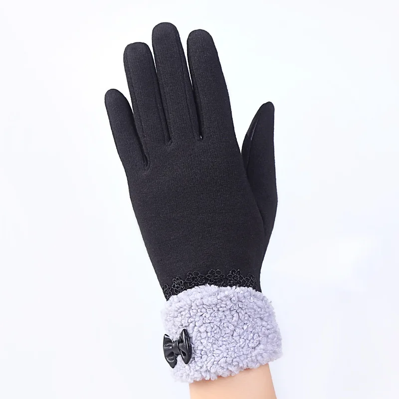 1 Pair Hot Fashion Autumn Winter Gloves For Women Suede Warm Comfortable Mittens With Bow Plus Velvet Thick Ladies Gloves - Цвет: A- black