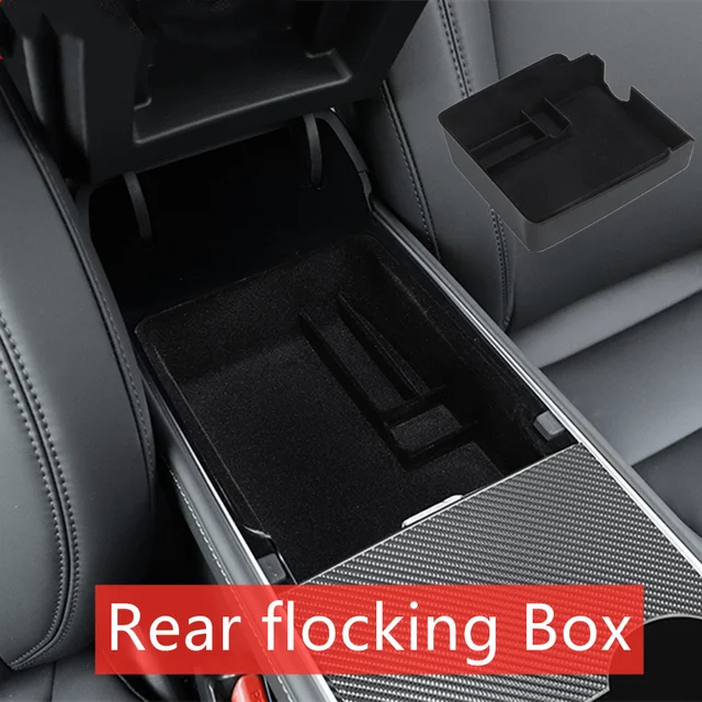TEFUN For Tesla Model 3 Y 2021 2022 Storage Box Car Central Armrest Flocking/ABS Storage Box Organizer Model 3 2021 Accessories Rear flocking box