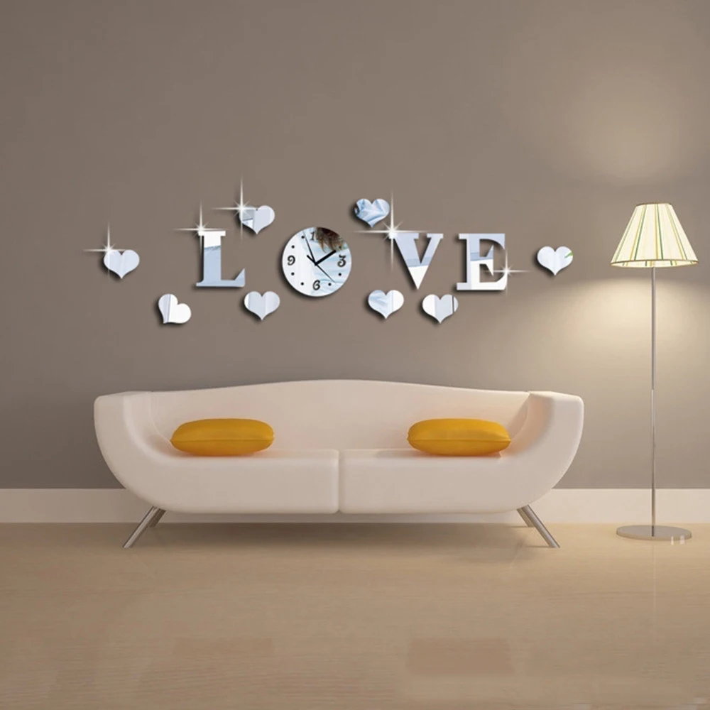 DIY 3D Love Wall Clock Crystal Mirror Living Room Stickers Home Decal Art Decor 