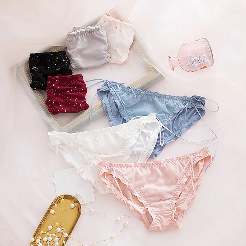 

Japanese New Style Ice Silk Underwear Lace Edge Star Sky Solid Color Ribbon Low Waist Women's Sexy White Brief