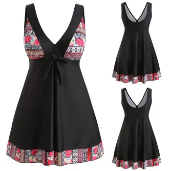 

Women Padded Swimwear Plus Size Floral Print Bow Knot Swimsuit Skirt Tankini SetFashion Women Flowy Swimsuit #4N4