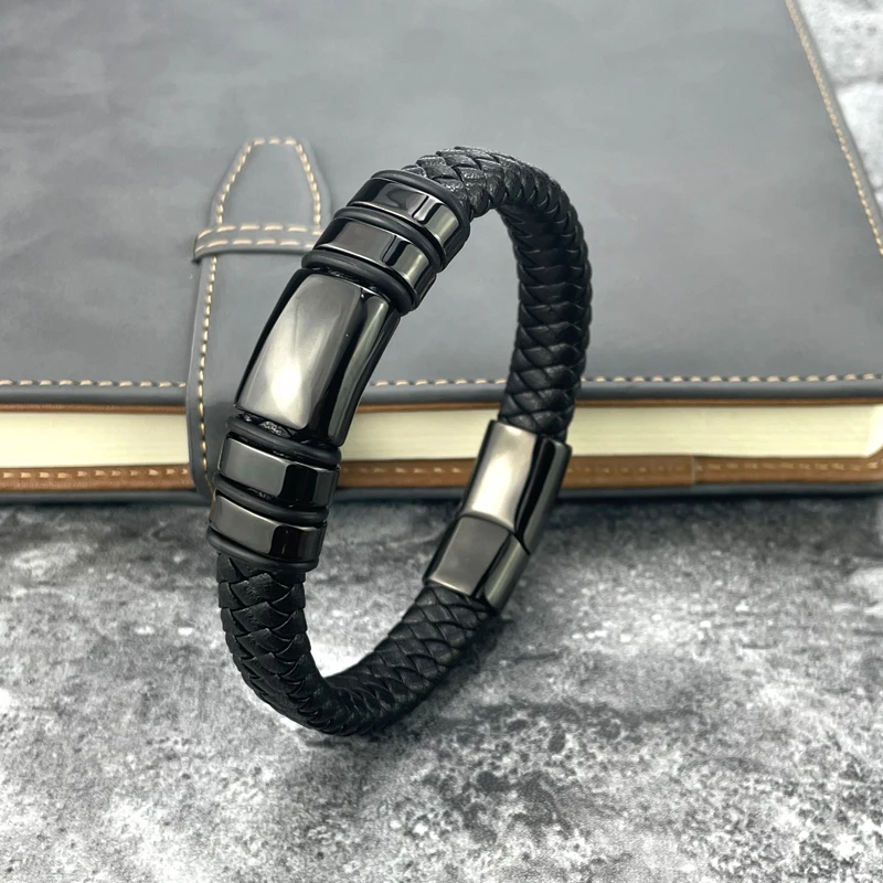 Black Genuine Leather Mens Fashion Bracelet Gift