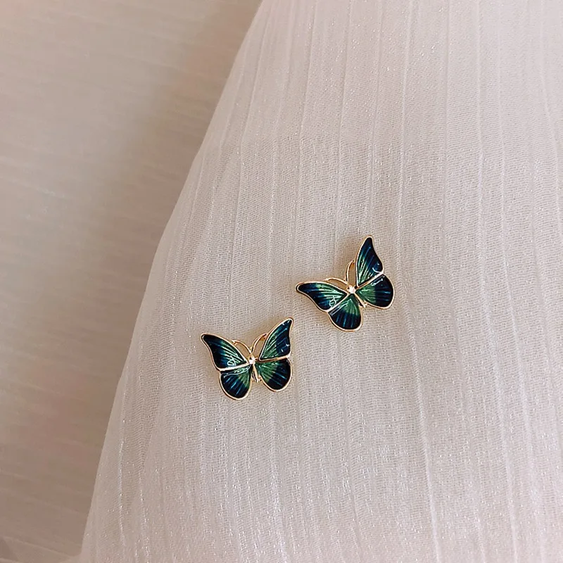 Корея дизайн модные ювелирные изделия маленькая милая подвески из сплава масляные зеленые бабочки серьги гвоздики для женщин подарок