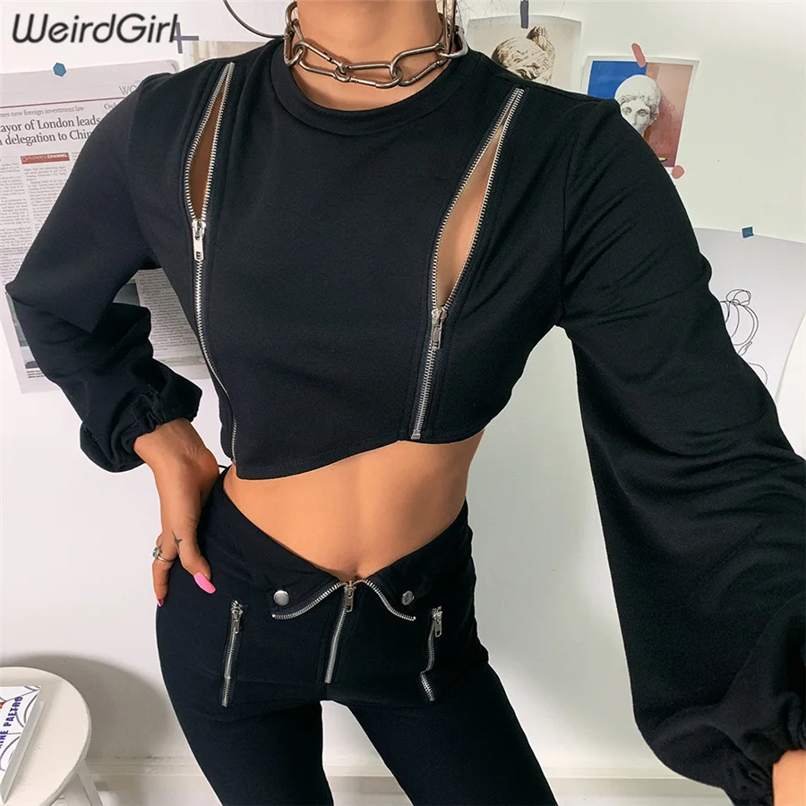 

Weirdgirl women cotton zipper hoodies fashion solid black crop top full sleeve female stretched sweatshirts fashion new autumn