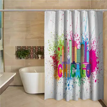 

Chicago Skyline Hotel Quality Polyester Shower Curtain Splash of Colorful Paint Background with Text of Chicago and Cityscape