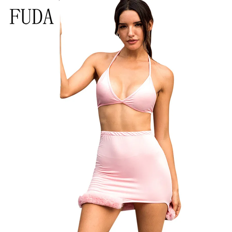 

FUDA Solid Net Red Tie Strap Backless Top + Sling Fleece Mini Dress Sexy Hollow Out Sleeveless Halter Summer Slim Bandage Dress