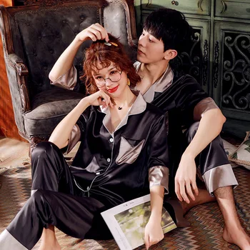 

Couple Pajamas Female Spring and Autumn Models Korean Mid-sleeved Large Size Men's Pajamas Ice Silk Suit Home Service