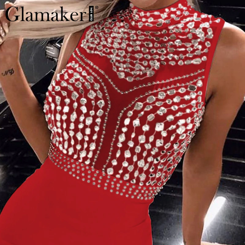 Glamaker, сексуальное Сетчатое Клубное платье, стразы, для женщин, без рукавов, в стиле пэчворк, тонкие, вечерние, белое, прозрачное, облегающее, миди платье для женщин