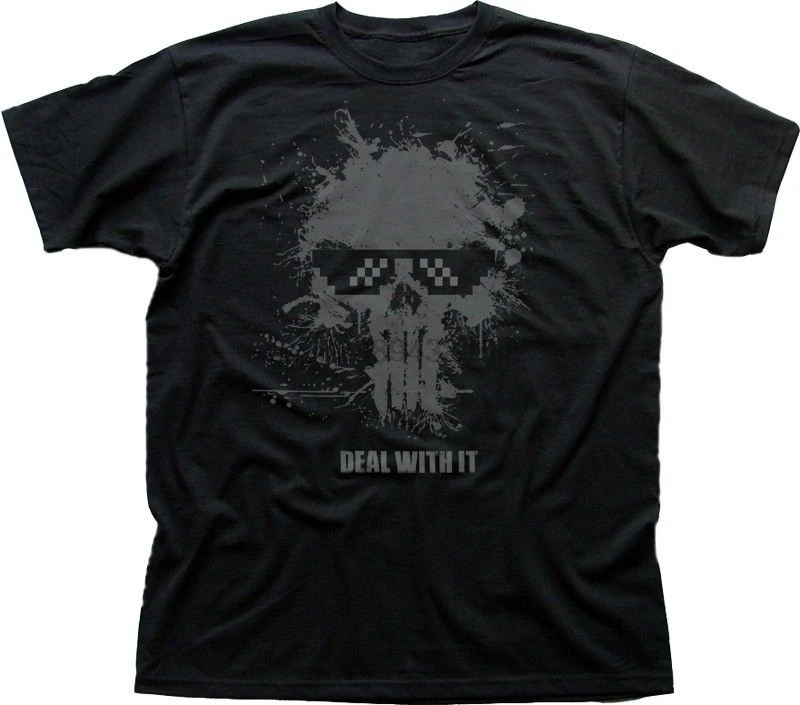 Tops Summer Cool Funny T-Shirt Punisher Inspired Skull Paint Splatter Deal with It Black T-shirt 09866 Print T Shirt Men |