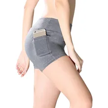 Высокая талия эластичный карман сшивание бедра Йога дна шорты сплошной цвет беговые фитнес-шорты