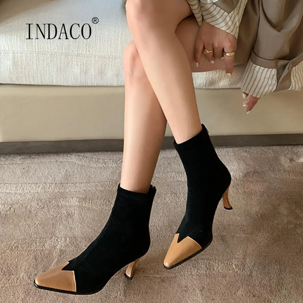 

Women Boots High Heels 2020 Sexy Pointed Toe Patchwork Stretch Velvet Ankle Boots For Women Zip Warm Boots Thin Heel