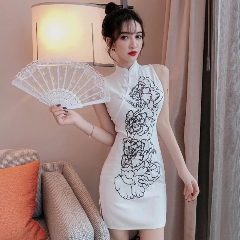 Китайское платье cheongsam, женское нижнее белье, облегающее, qipao, сексуальное платье, vestido chino, цветочный принт, Холтер, с вырезами, с разрезом, qi pao - Цвет: color1
