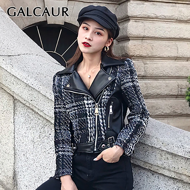 GALCAUR/модные Лоскутные твидовые пальто из искусственной кожи для женщин с отворотом и длинным рукавом, ассиметричные куртки хит цвета женская одежда