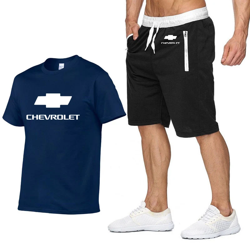 Mens Short sleeve Chevrolet Car Logo Casual Summer Mens t Shirt Hip Hop TShirt high quality Cotton T Shirts pants suit 2Pcs