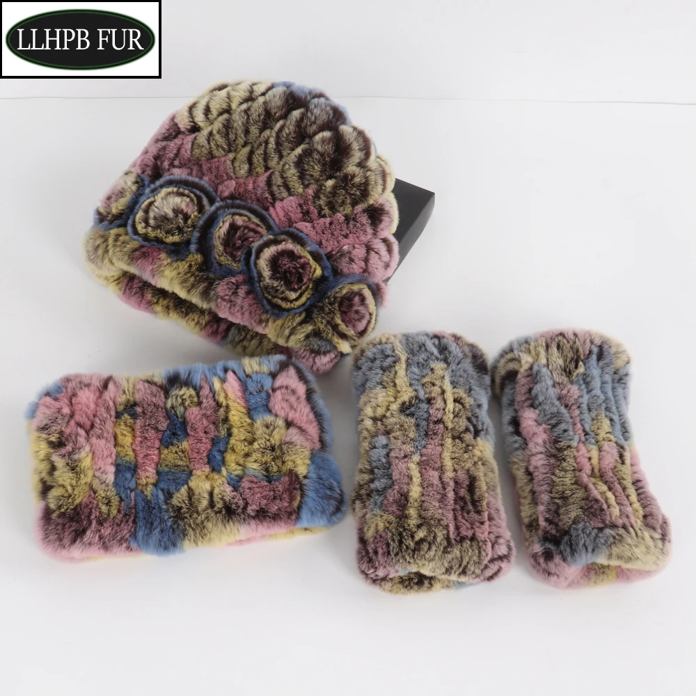 

Hot Sale Women Winter Knitted Real Rex Rabbit Fur Hat Scarf Gloves Sets Natural Warm Rex Rabbit Fur Cap Scarves Mittens 3 Pieces