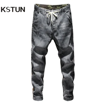 

KSTUN Mens Jeans Grey Elasticity Thin Harem Drawstring Relaxed Tapered Denim Pants Casual Joggers Pants Streetwear Male Trousers