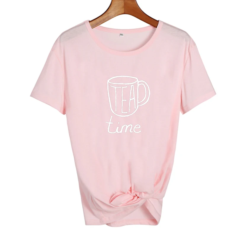 Милая забавная футболка, женские топы, чайное время Харадзюку, Повседневная графическая футболка, женская одежда, летняя повседневная футболка, черная, белая - Цвет: pink-white