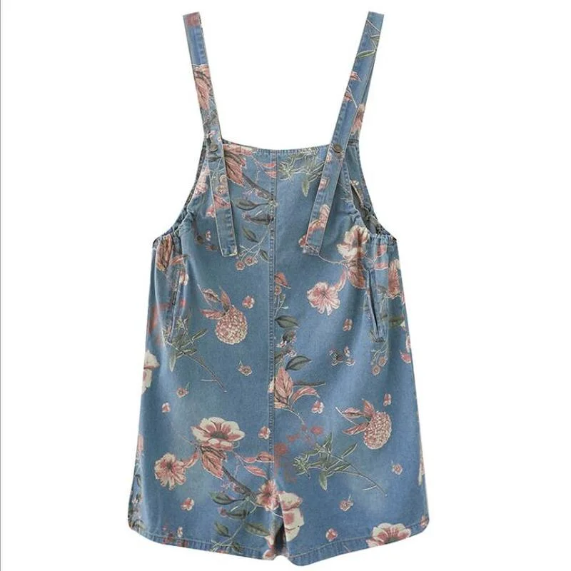 

Print Floral Casual Summer Romper Shorts Jeans Female Loose Plus Size Wide Leg Short Jumpsuit Women Straps Denim Baggy Bib Pants