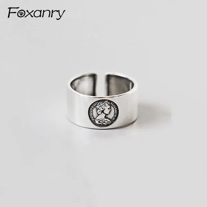 

Foxanry Vintage 925 Sterling Silver Rings for Women Couples Simple Creative Portrait Queen Finger Ring Party Accessories Jewelry