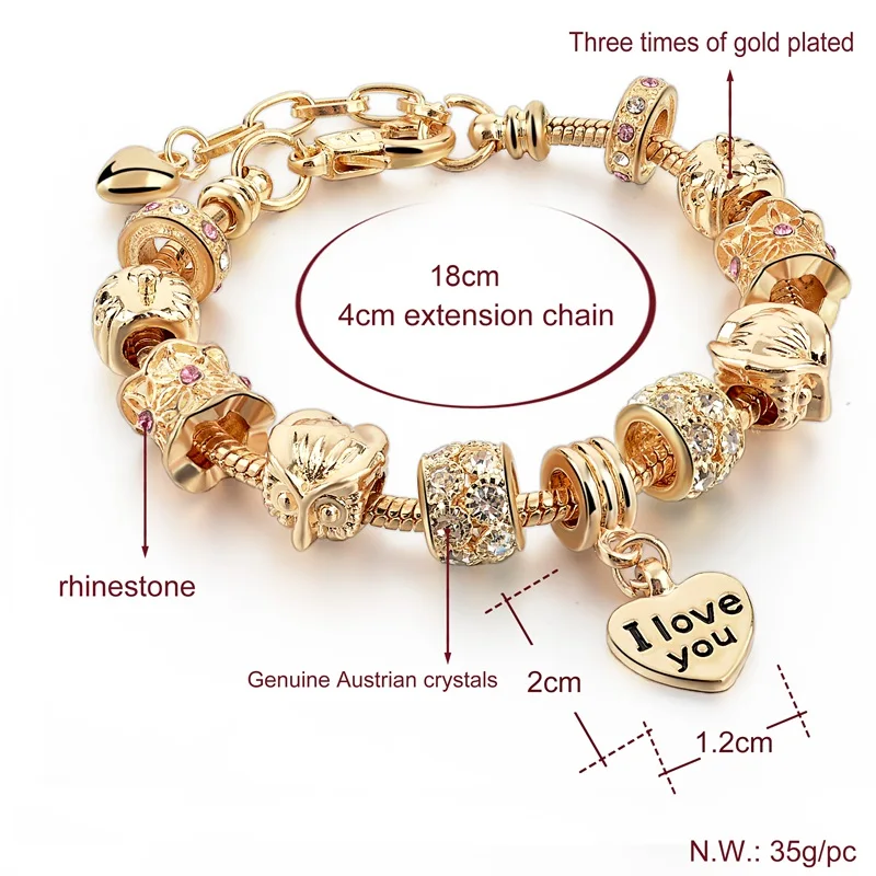 Golden Owl Charm Bracelet with Heart Pendant Bracelets f02846ee759da375bf7e2a: BT200214GD